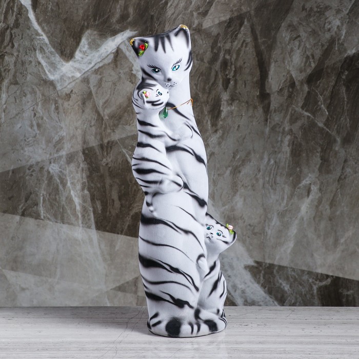 Копилка "Багира с котятами" большая, флок, серый тигр