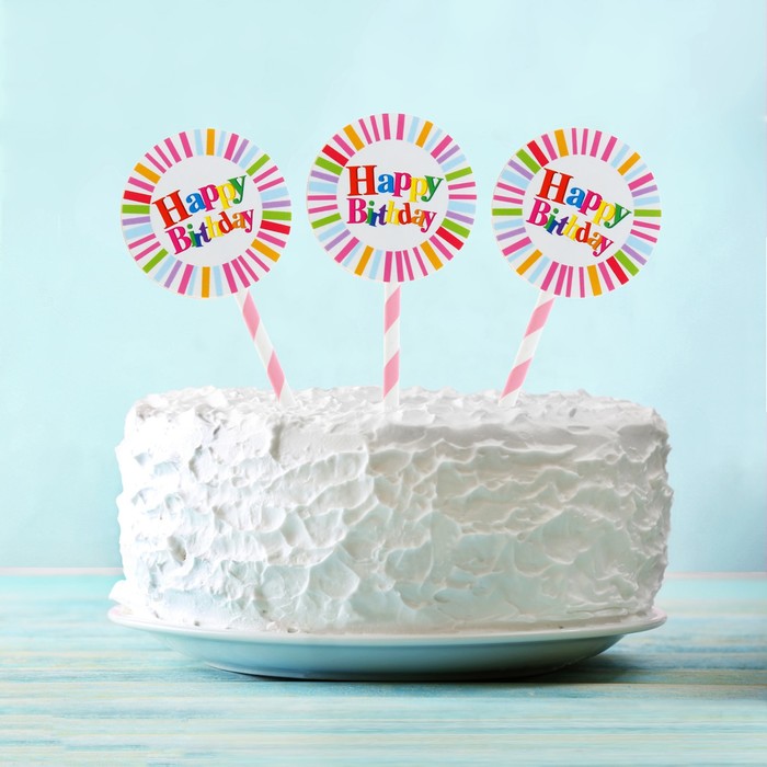 Топпер "С Днем рождения" полосочки, розовый цвет цвет (6 шт на держателе)