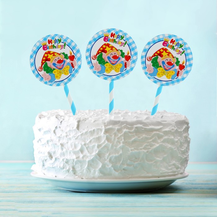 Топпер "С Днем рождения" клоун со свечкой, голубой цвет (6 шт на держателе)