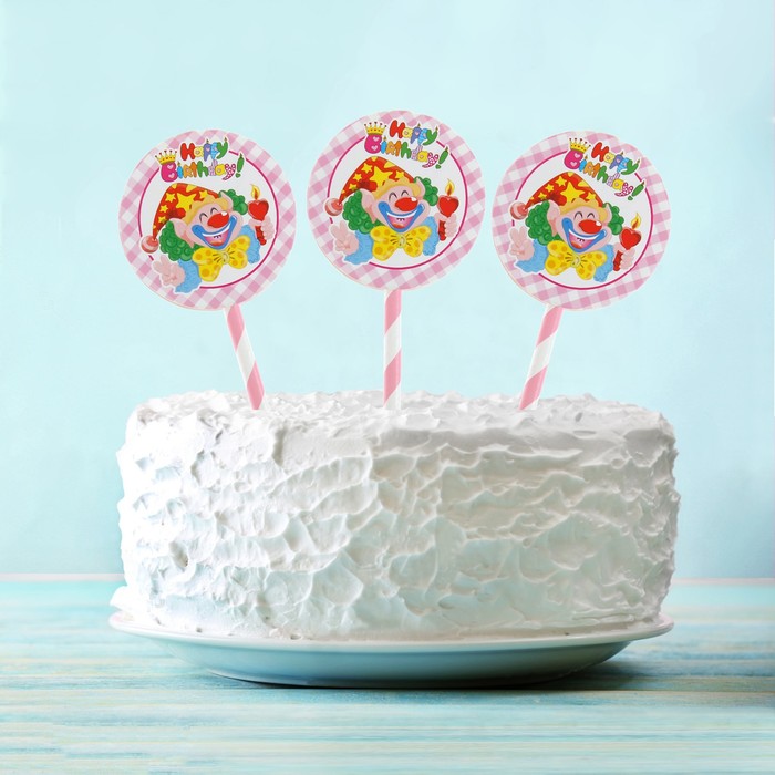 Топпер "С Днем рождения" клоун со свечкой, розовый цвет (6 шт на держателе)