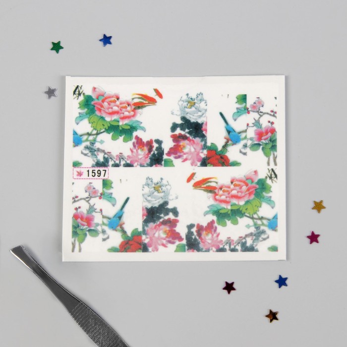 Слайдер-дизайн для ногтей "Пионы и рыбки", разноцветный