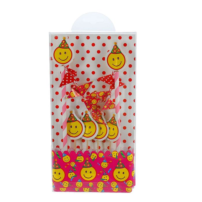 Набор для украшения торта "Смайлики", 1 гирлянда, 4 пики, 1 лента