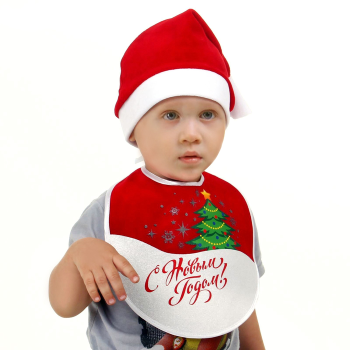 Набор новогодний "С Новым годом!", велюр, колпак, слюнявчик, 1-3 года