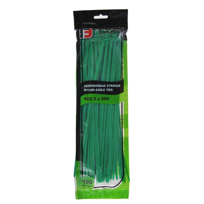 Стяжки нейлоновые Fortisflex КСС, 5х300 мм, зелёные, набор 100 шт.