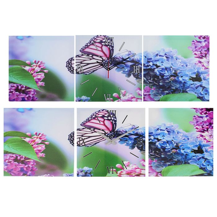 Часы-картина настенные прямоугольные «Бабочка на ветке сирени», 35 × 105 см