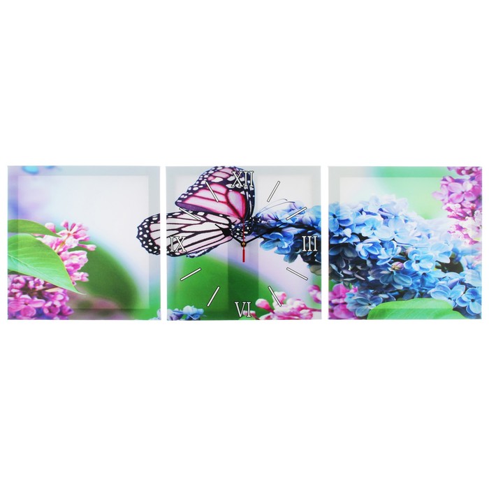 Часы-картина настенные прямоугольные «Бабочка на ветке сирени», 35 × 105 см