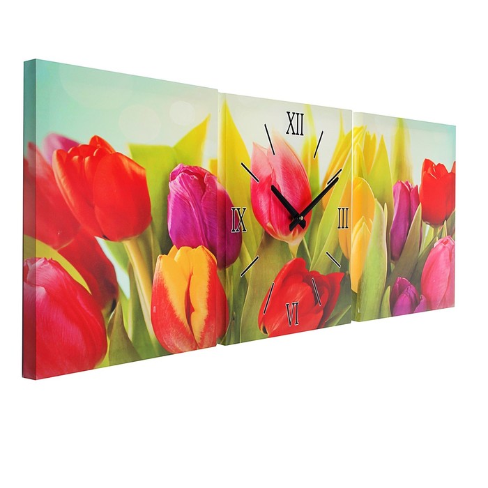 Часы-картина настенные прямоугольные «Букет из тюльпанов», 35 × 105 см