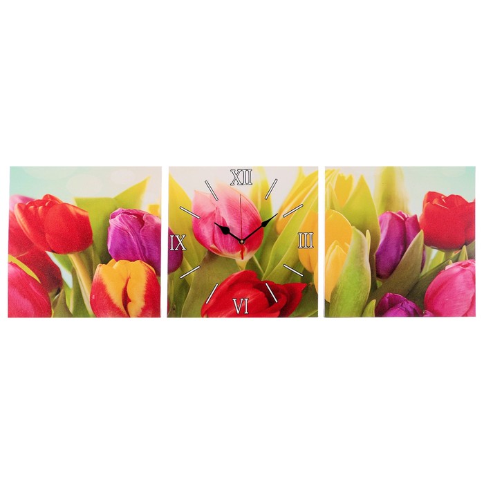 Часы-картина настенные прямоугольные «Букет из тюльпанов», 35 × 105 см