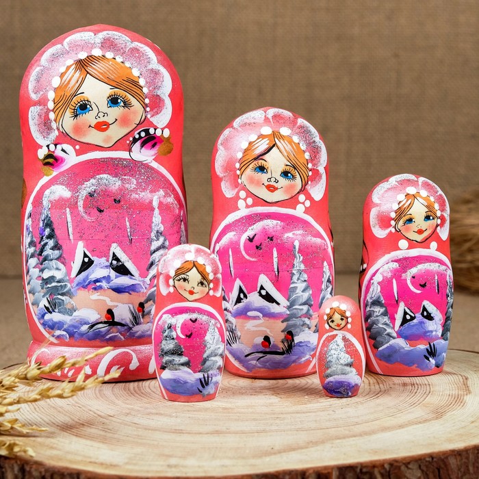 Матрёшка «Зима», круговая, розовый платок, 5 кукольная, 17 см, люкс