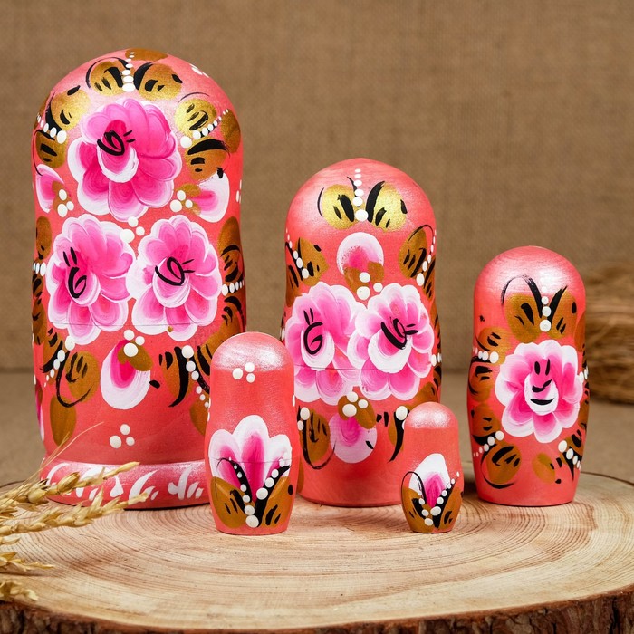 Матрёшка «Зима», круговая, розовый платок, 5 кукольная, 17 см, люкс