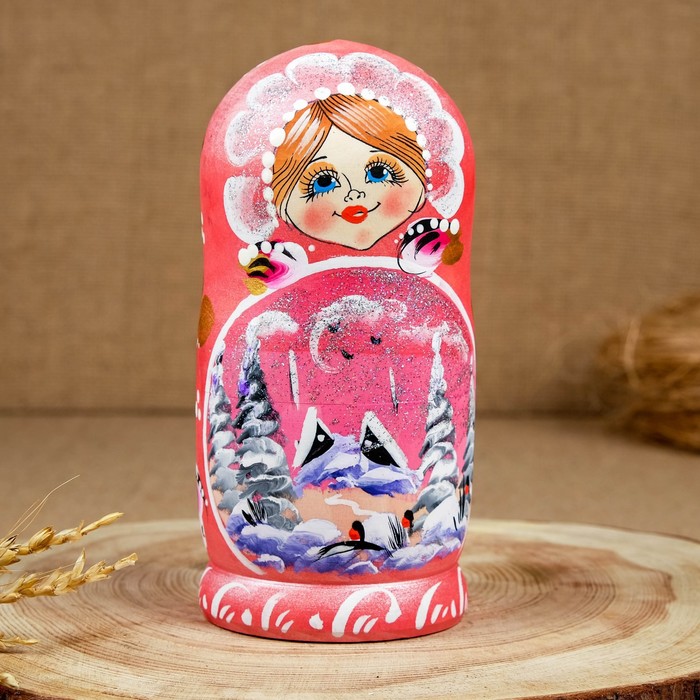 Матрёшка «Зима», круговая, розовый платок, 5 кукольная, 17 см, люкс