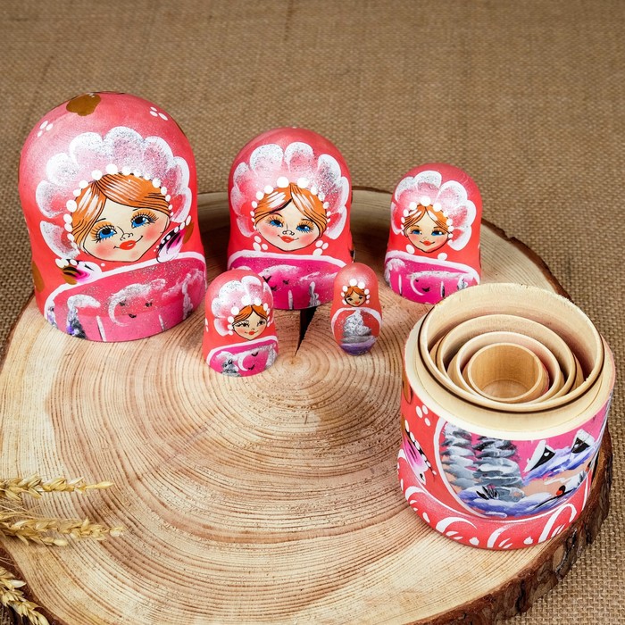 Матрёшка «Зима», круговая, розовый платок, 5 кукольная, 17 см, люкс