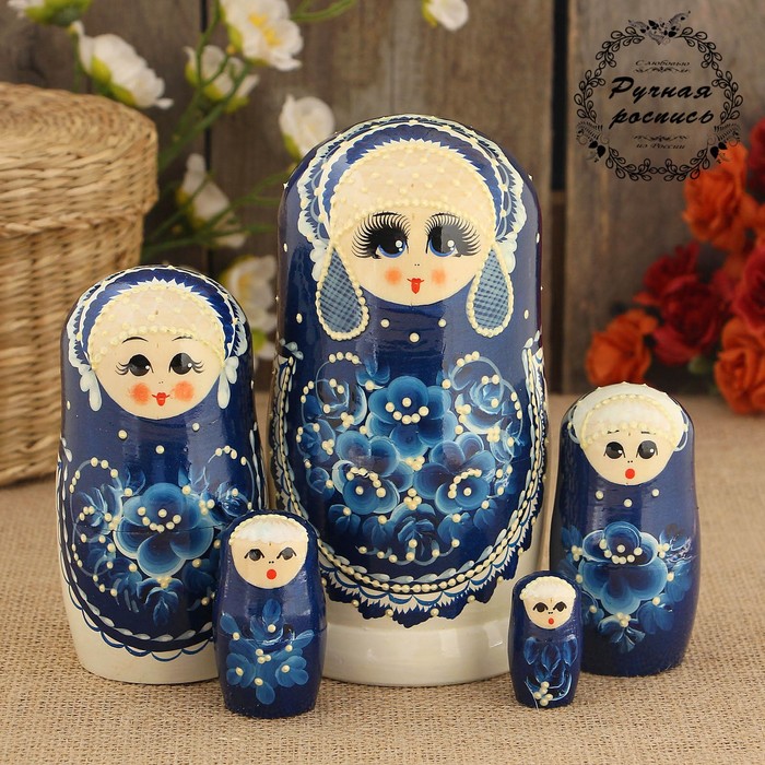 Матрёшка «Гжель», серьги, синий платок, 5 кукольная, 17 см, люкс
