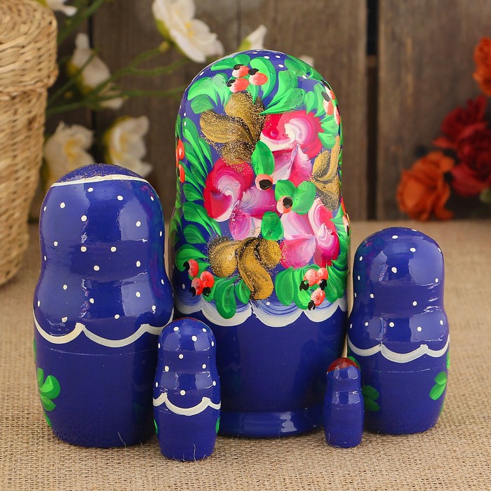 Матрёшка «Цветочек», синий платок, 5 кукольная, 15 см, люкс