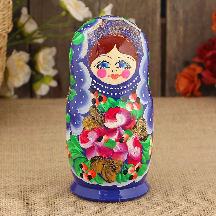 Матрёшка «Цветочек», синий платок, 5 кукольная, 15 см, люкс