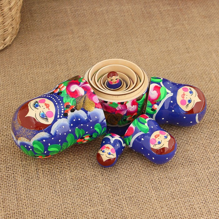 Матрёшка «Цветочек», синий платок, 5 кукольная, 15 см, люкс