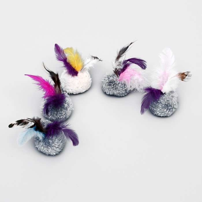 Шарик меховой с перьями, шуршащий, 5 см