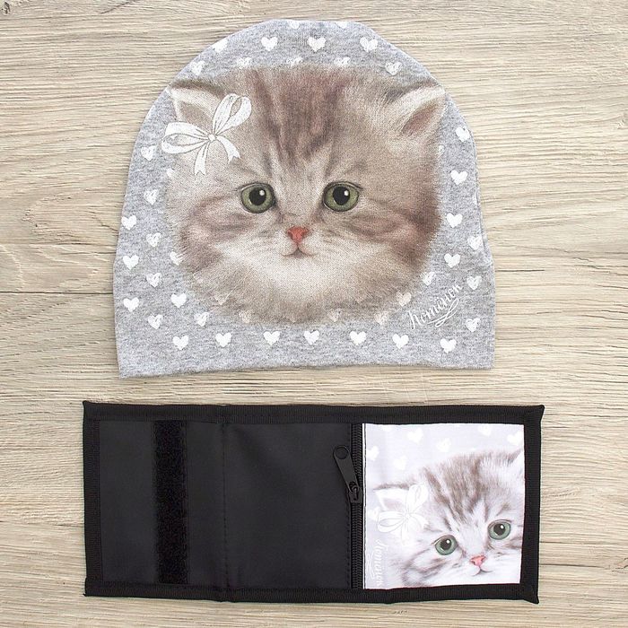 Детский набор Collorista "Котенок" шапка р-р 54, 100% хб, кошелек 9,5*12 см текстиль