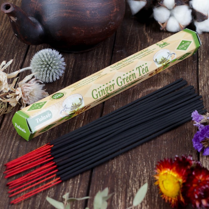 Благовония шестигранник Sarathi Имбирь Зеленый чай Ginger Green tea 20 палочек в упаковке