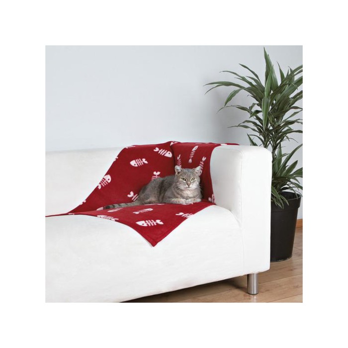 Подстилка-плед Beany 100 х 70см, флис, бордовый с рисунком рыбьи косточки