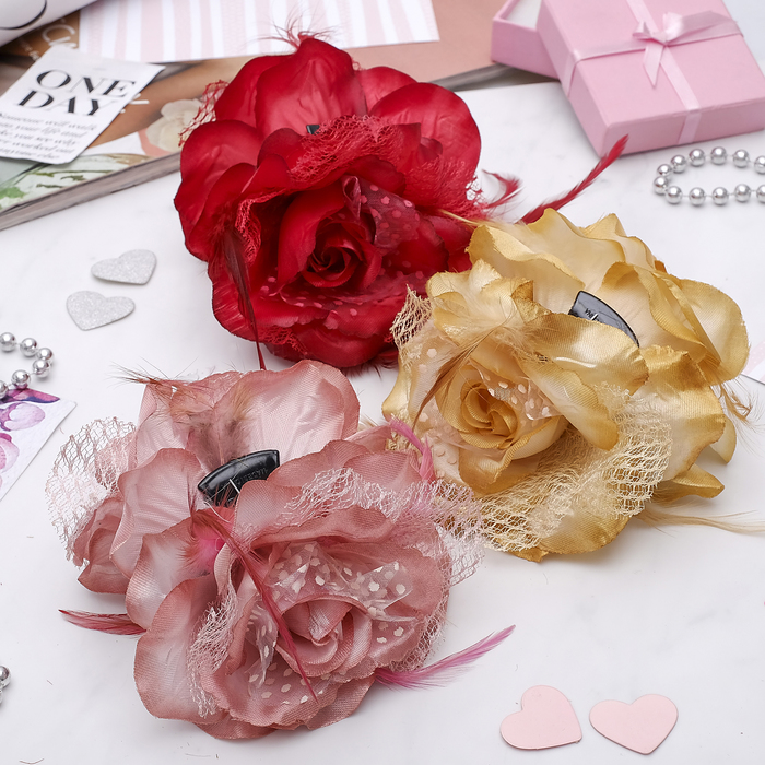 Краб для волос "Цветочный рай" роза с перьями, микс