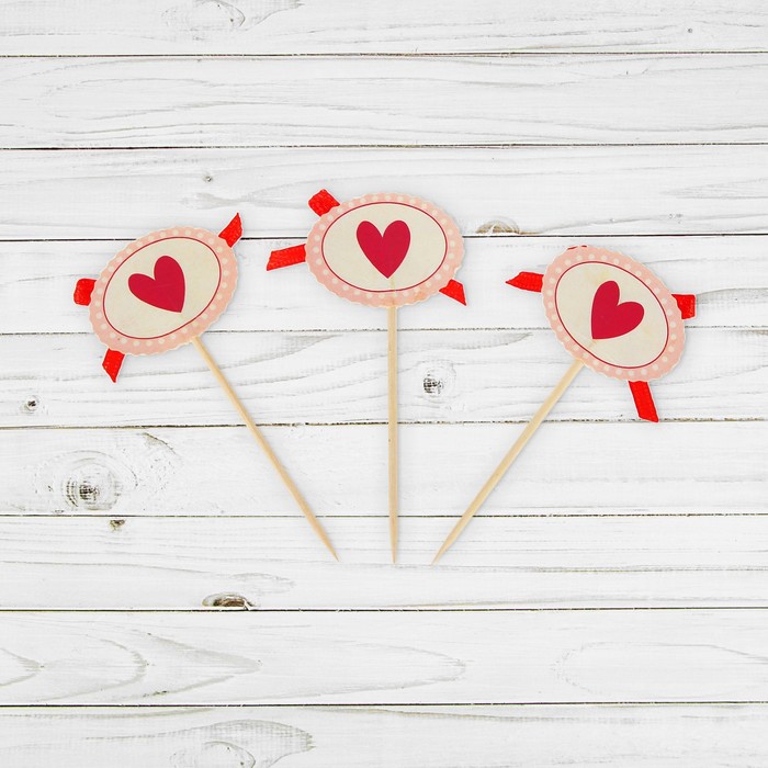 Пика для канапе "Сердечко" с бантиком, набор 12 штук