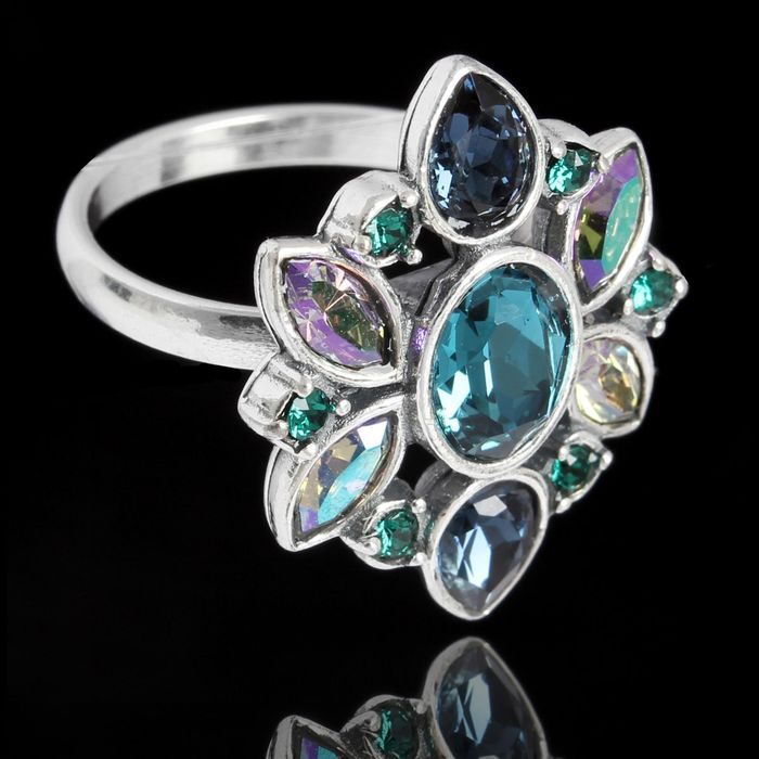 Кольцо "Кангра", размер 20, цветные в чернёном серебре