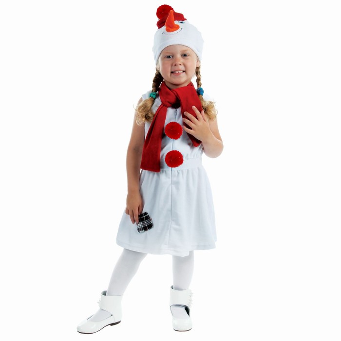 Детский карнавальный костюм "Снеговик с красной заплаткой", велюр, рост 98 см, цвет белый