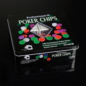 

Набор для покера Professional Poker Chips: 100 фишек, 2 колоды карт по 54 шт., металлическая коробка, УЦЕНКА (мятая коробка)