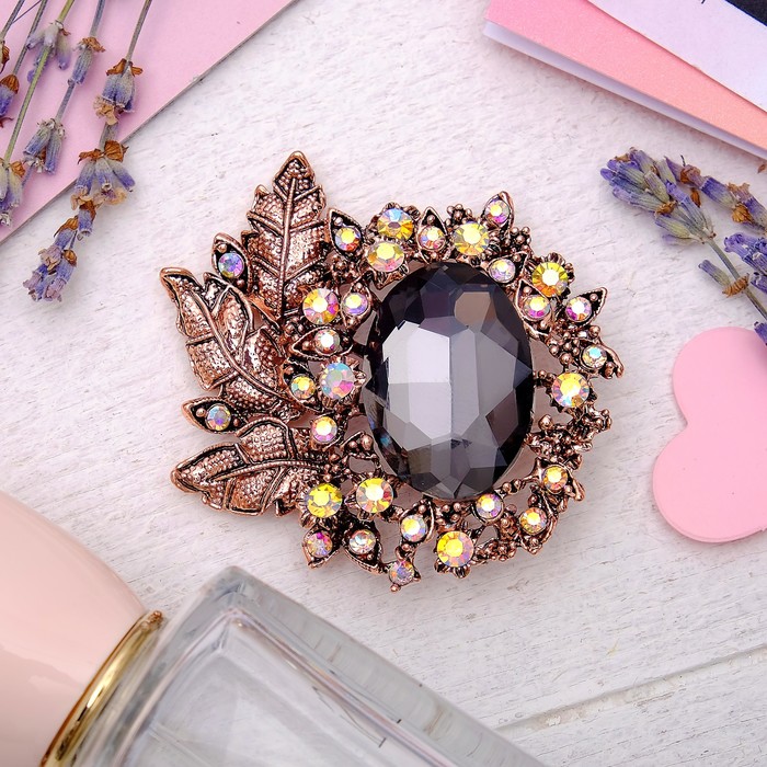 Брошь "Императрица" лиственная, цвет бело-серый в черненом золоте