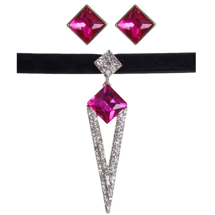Набор 2 предмета: серьги, чокер "Восхищение", ромб, цвет малиновый