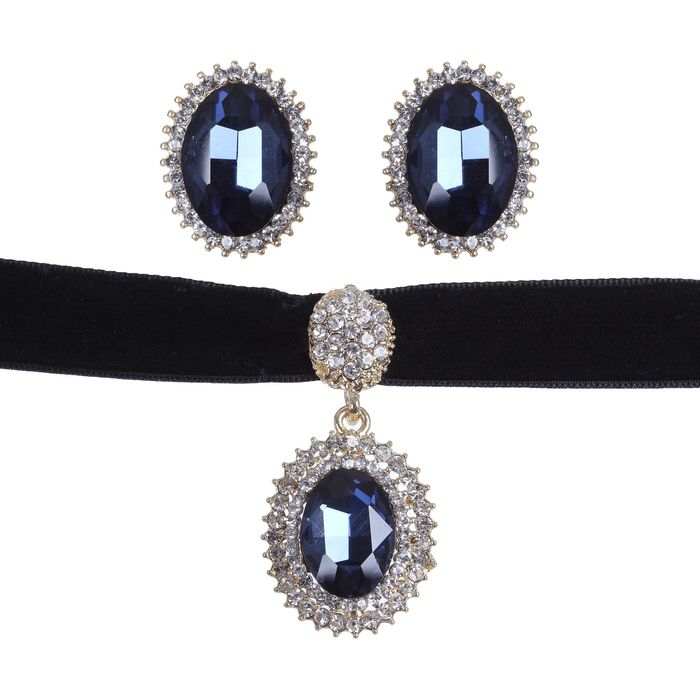 Набор 2 предмета: серьги, чокер "Восхищение", овал, цвет темно-синий в золоте