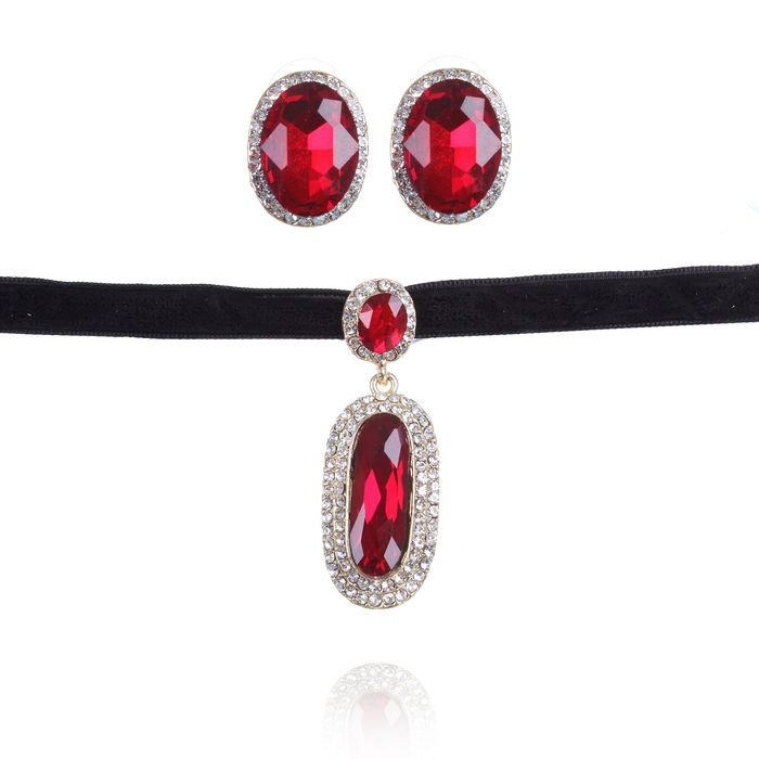 Набор 2 предмета: серьги, чокер "Восхищение", вытянутый овал, цвет красный в золоте