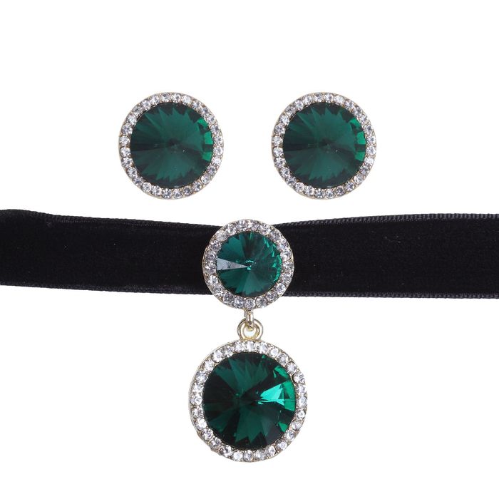 Набор 2 предмета: серьги, чокер "Восхищение", круг, цвет изумрудный в золоте