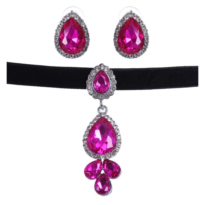 Набор 2 предмета: серьги, чокер "Восхищение", капельки, цвет малиновый в серебре