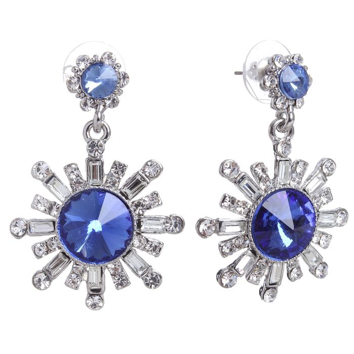 Серьги со стразами "Лакшери", цвет сине-белый в серебре