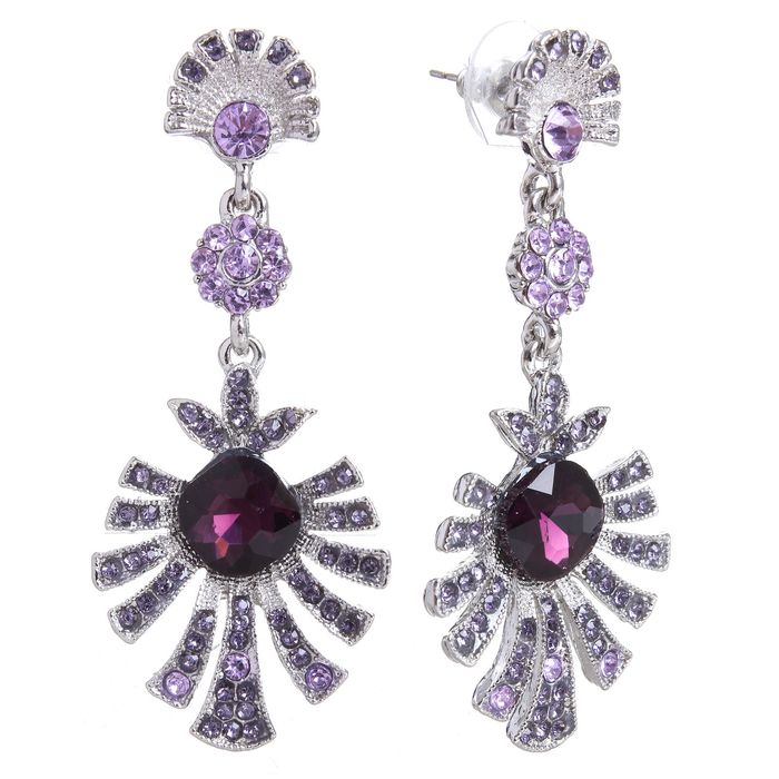 Серьги висячие со стразами "Ра", цвет сиренево-фиолетовый в серебре