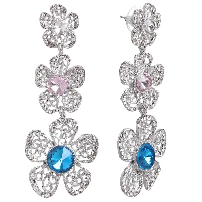 Серьги висячие со стразами "Цветник", цвет розово-голубой в серебре