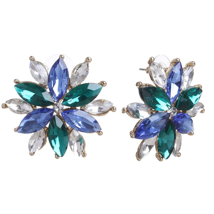 Серьги со стразами "Цветник" астра, цвет бирюзово-синий в золоте