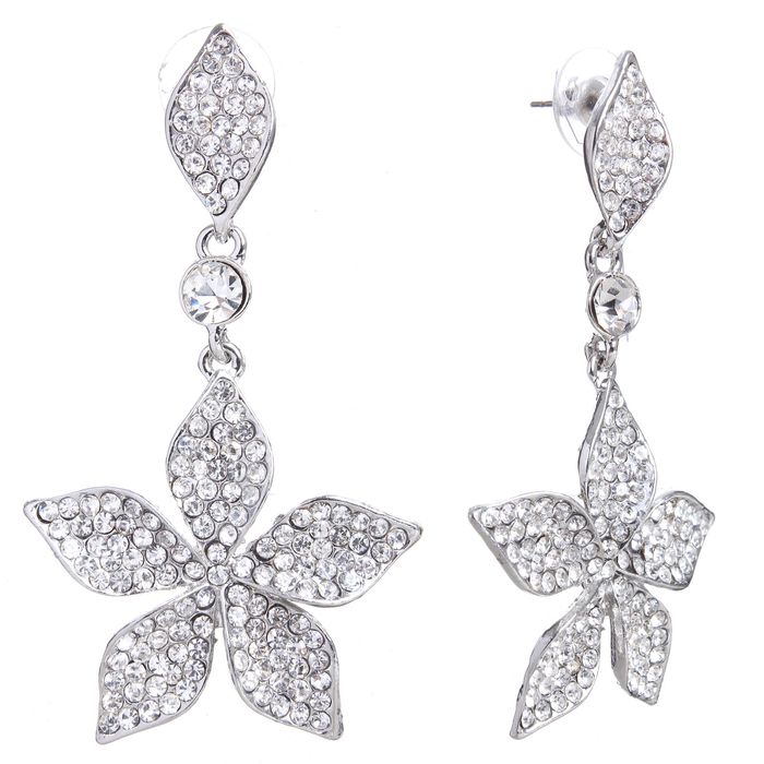 Серьги висячие со стразами "Нежность" нарцисс, цвет белый в серебре