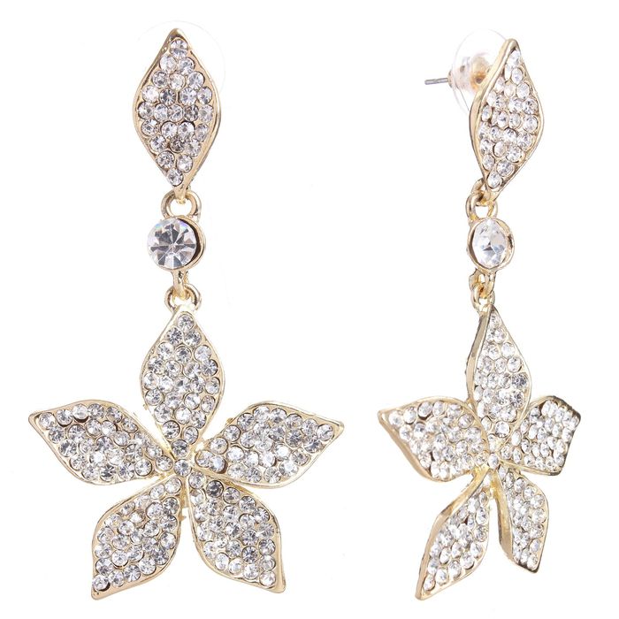 Серьги висячие со стразами "Нежность" нарцисс, цвет белый в золоте