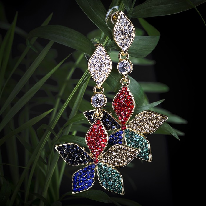 Серьги висячие со стразами "Нежность" нарцисс, цветной в золоте