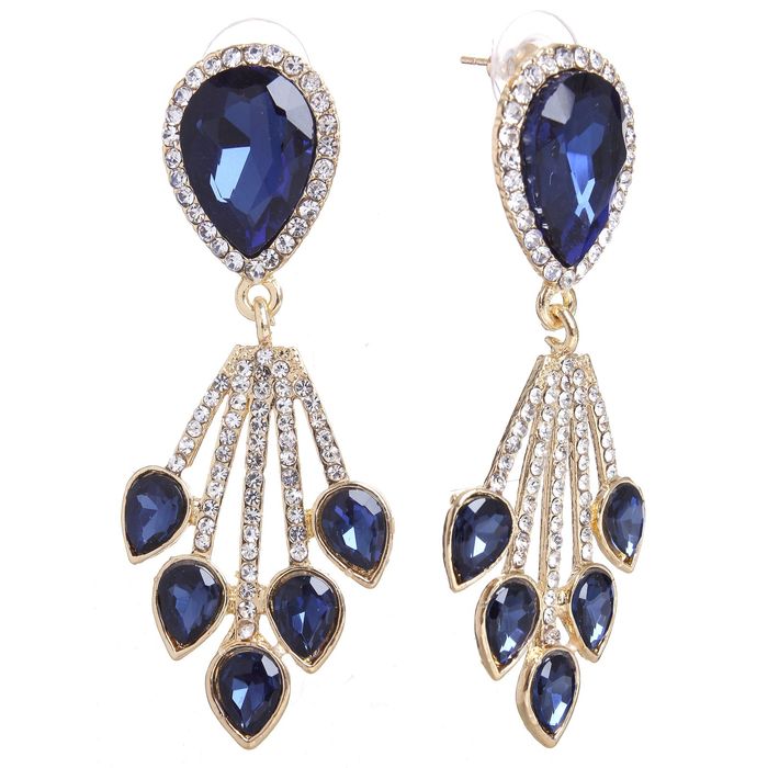 Серьги висячие со стразами "Капли дождя" капля, цвет синий в золоте