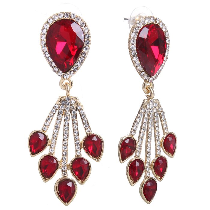 Серьги висячие со стразами "Капли дождя" капля, цвет красный в золоте