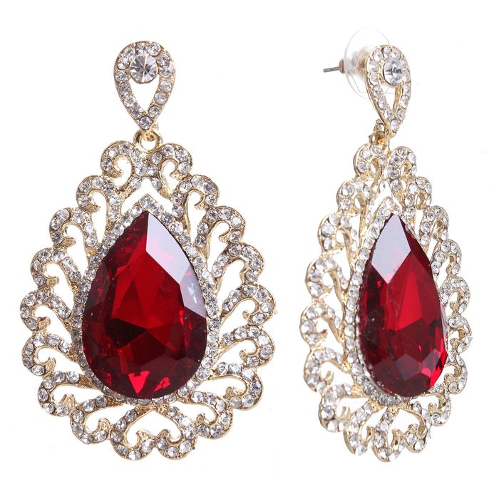 Серьги висячие со стразами "Императрица" капля, цвет красный в золоте