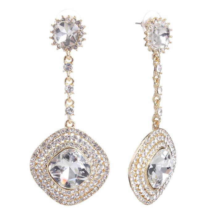 Серьги висячие со стразами "Превосходство" ромб, цвет белый в золоте