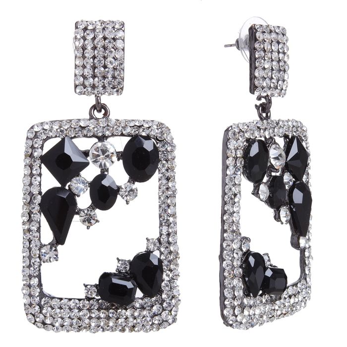 Серьги висячие со стразами "Роскошь геометрии" прямоугольник, цвет чёрно-белый в сером металле