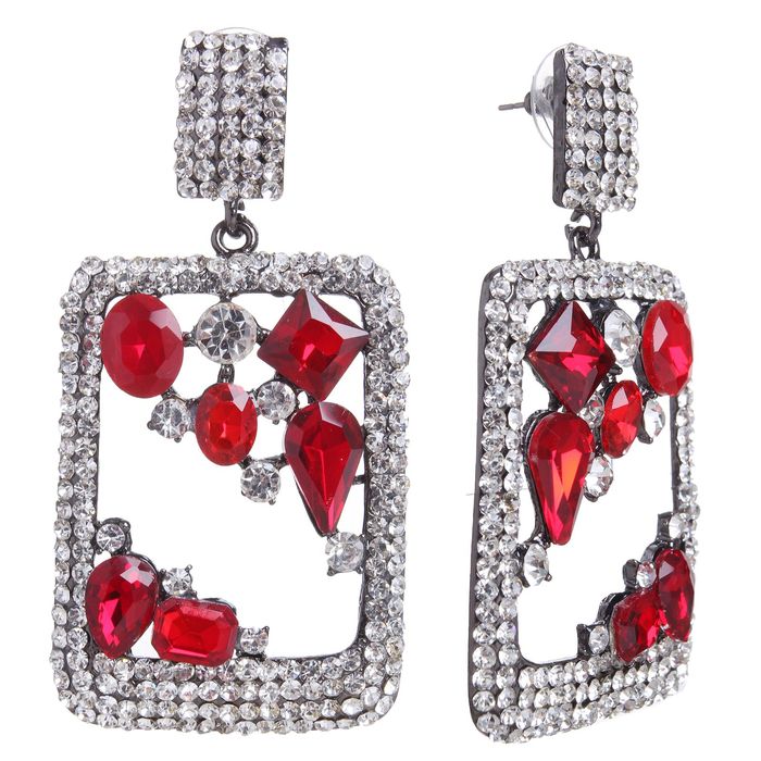 Серьги висячие со стразами "Роскошь геометрии" прямоугольник, цвет красно-белый в сером металле