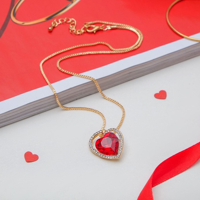 Кулон "Сердце" объёмное, цвет красно-белый в золоте, 45см