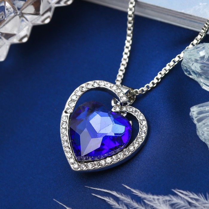 Кулон "Сердце" объёмное, цвет ярко-синий в серебре, 45см